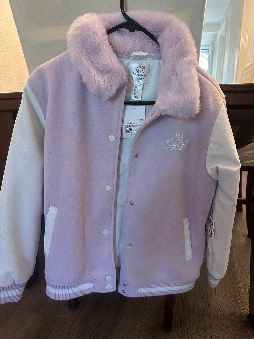 Forever 21 Lavender and White Hello Kitty Plush-Collar Varsity Jacket